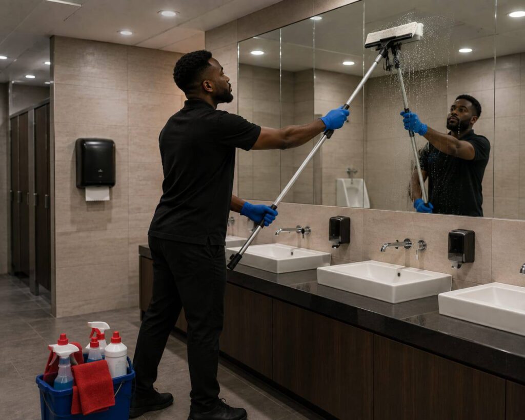 Washroom deep cleaning: Spark Edge cleaner polishing mirrors above basins in a commercial washroom