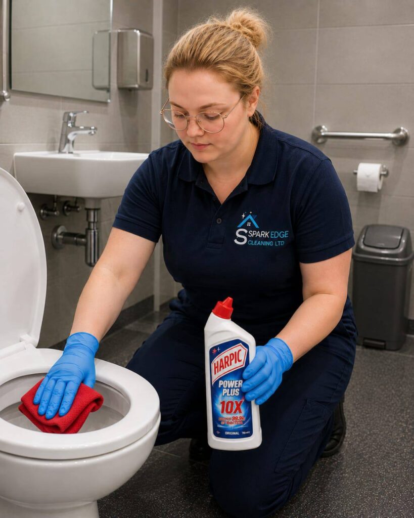 Spark Edge cleaner in branded uniform carefully sanitising a washroom in Reading