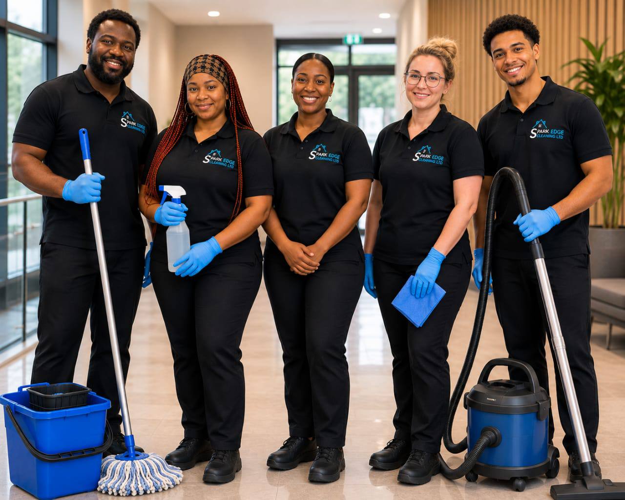 The Spark Edge Cleaning Ltd team in branded uniforms with mops, vacuums and cleaning supplies