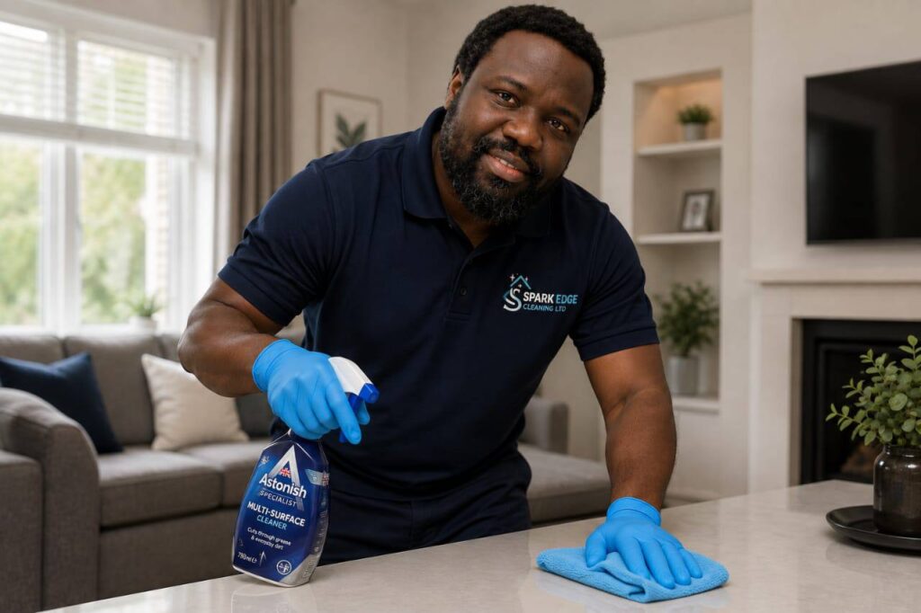Domestic cleaning services in Reading: Spark Edge cleaner wiping down a worktop in a family home
