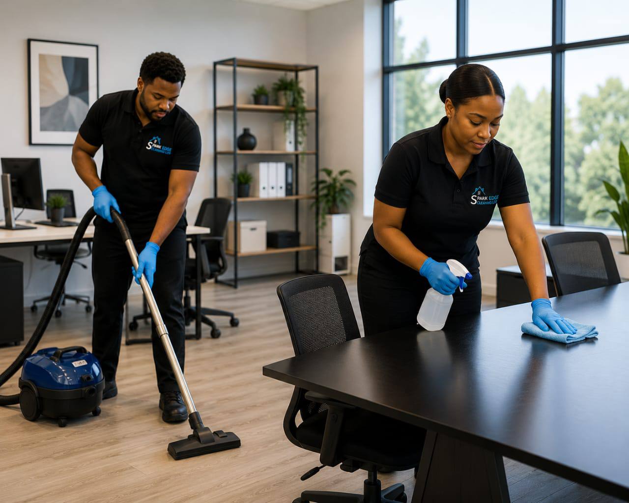 Spark Edge Cleaning team vacuuming and wiping desks during an office clean in Reading