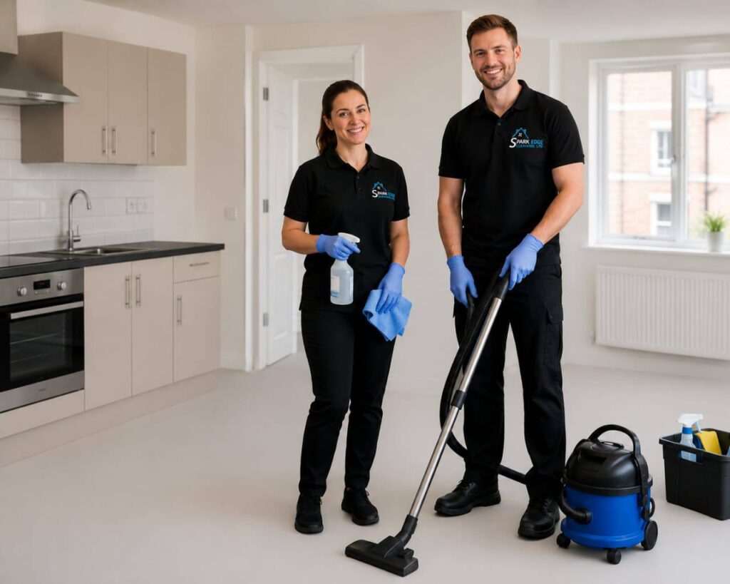 End of tenancy cleaning: two Spark Edge cleaners finishing an empty flat before handover