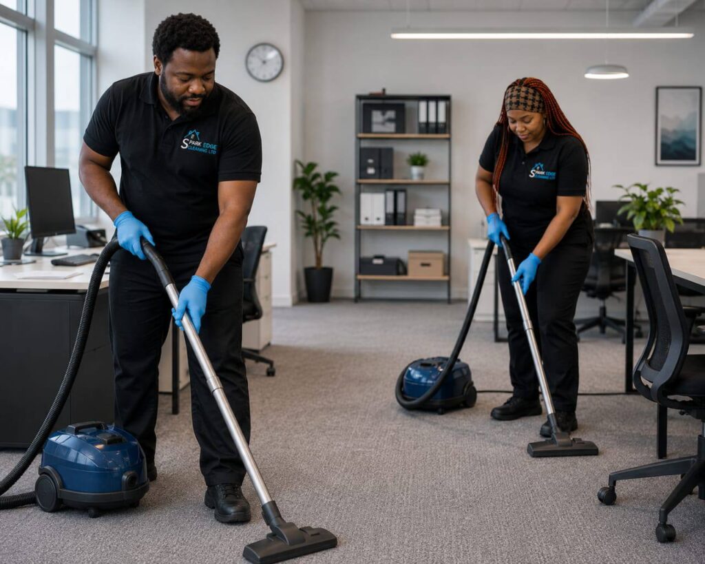 Office cleaning services in Wokingham: two Spark Edge cleaners vacuuming an open-plan office carpet