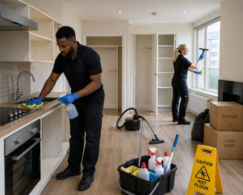End of tenancy cleaning in Wokingham: Spark Edge cleaners preparing an empty flat kitchen for handover