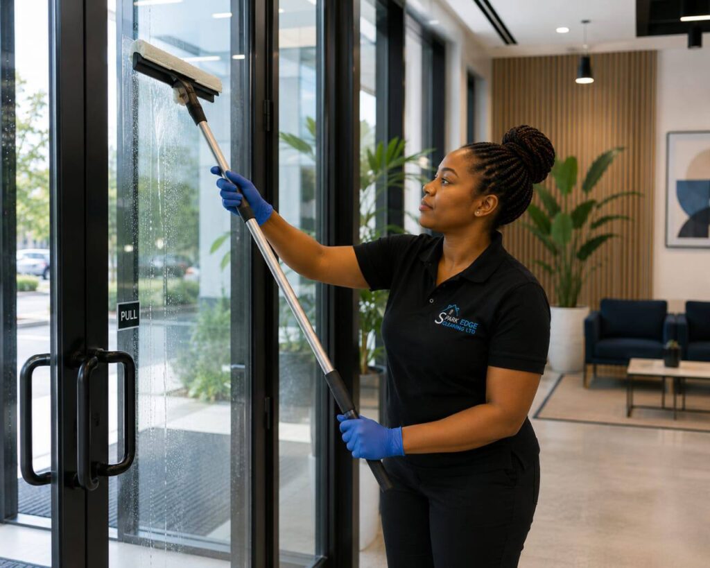 Commercial cleaning in Reading: Spark Edge cleaner squeegeeing the glass entrance doors of an office reception