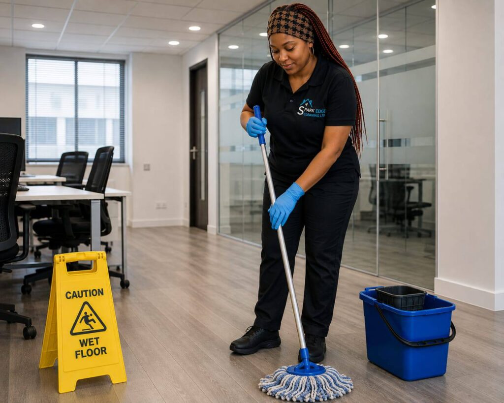 Janitorial cleaning: Spark Edge cleaner mopping an office floor beside a caution wet floor sign