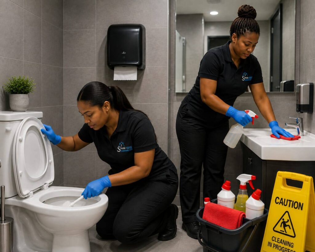 Deep cleaning: Spark Edge cleaners sanitising washroom toilets and basins with a cleaning in progress sign