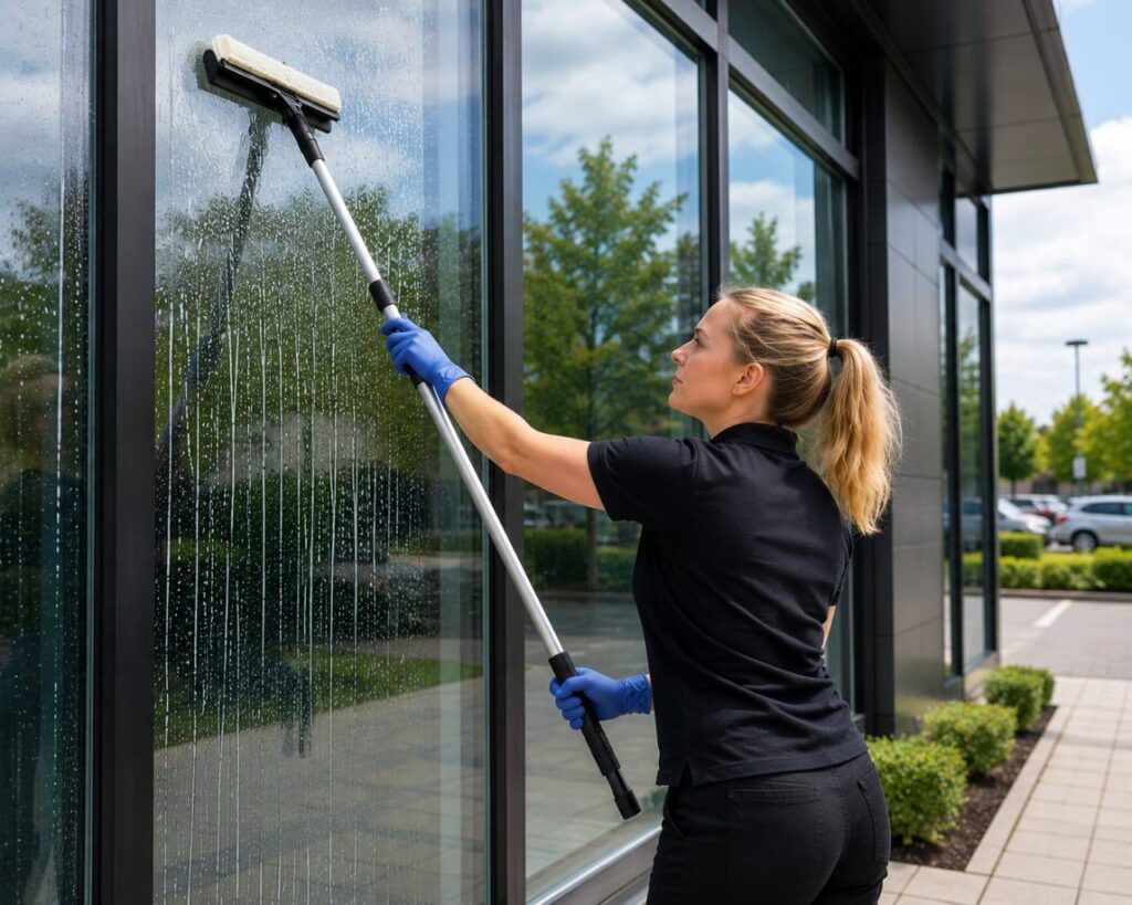 Window and glass cleaning: Spark Edge cleaner squeegeeing an exterior commercial window