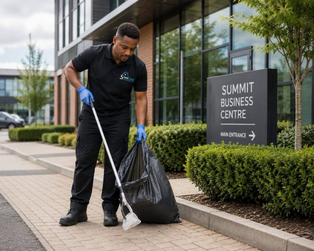 Commercial cleaning services in Reading: Spark Edge cleaner clearing litter outside a business centre entrance